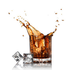 splash of cola in glass with ice cubes isolated on white