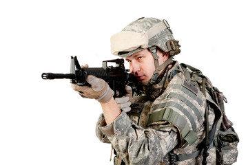  Soldier with a rifle on a white background