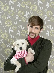 geek retro man holding dog silly on wallpaper
