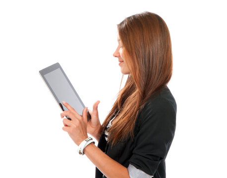 woman typing on her new electronic tablet touch pad
