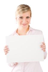 Businesswoman hold empty banner in front