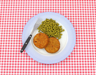 Fish cake meal with peas