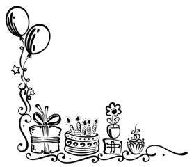 Geburtstag, Torte, Geschenke, birthday, Ranke, schwarz