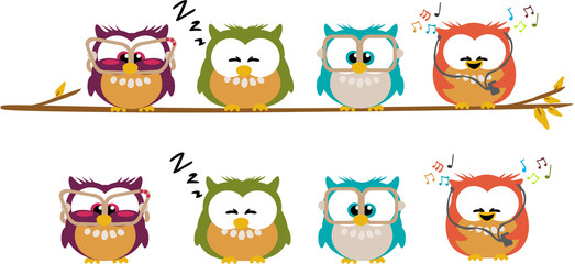 Different cartoon owls standing on a branch