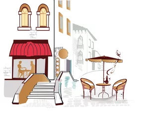 Fototapete Gezeichnetes Straßencafé Stadtblick mit gemütlichen Cafés