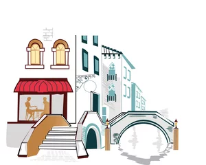 Foto op Plexiglas Tekening straatcafé Uitzicht op de stad met gezellige cafés