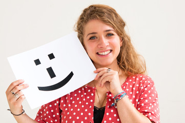 woman with board Smile face sign