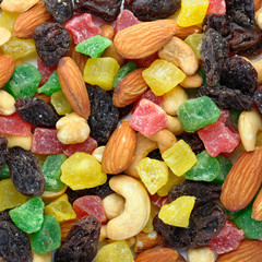 Toasted nuts and candied fruit background