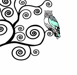 An owl sitting on swirly branch