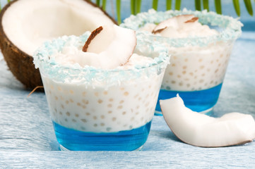 Fototapeta na wymiar Coconut pudding with tapioca pearls and litchi jelly