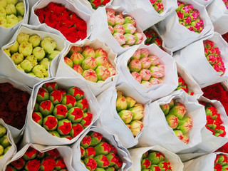 Bouquets of flowers ready at the market