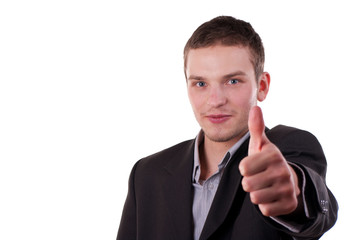 Businessman wearing a jacket points his finger