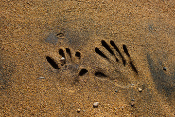 A nice image of handprints in the sand and an engagement ring.