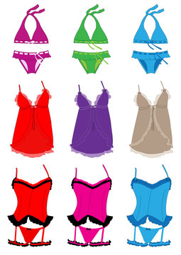 Collection of various types of female lingerie. Vector template