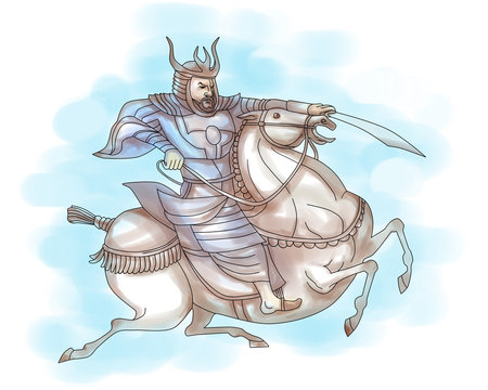 Samurai warrior with sword riding horse