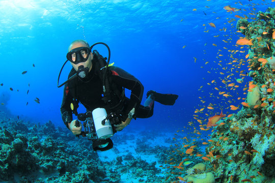 Underwater Photographer on Coral Reef
