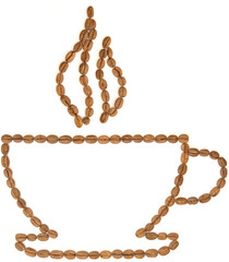 Coffee cup outline made of beans against a white background
