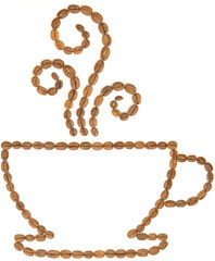 Coffee cup outline made of beans against a white background