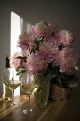 peonies and wine
