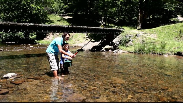 Father and son fishing in river