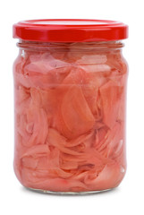 Sliced ginger root marinated in the glass jar