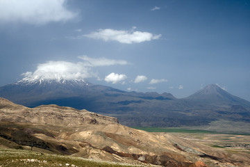 View of snow peaks of Mount Ararat in the clouds