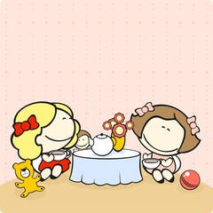 Two cute girls drinking tea