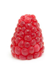 one raspberry in closeup over white background
