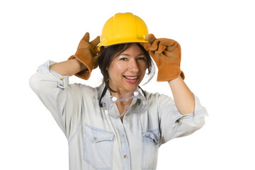 Attractive Hispanic Woman with Hard Hat, Goggles and Work Gloves