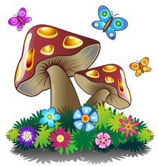 Funghi Primavera e Farfalle-Spring Mushrooms-Vector