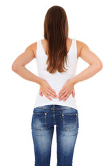 Attraktive junge Frau klagt über Rückenschmerzen
