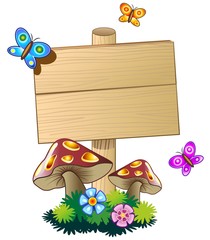 Panneau en bois avec champignons et papillons-Panneau de bois de printemps-Vector