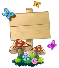 Papier Peint photo Papillon Panneau en bois avec champignons et papillons-Panneau de bois de printemps-Vector