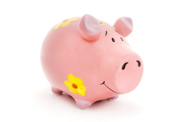 Pink Piggy bank with yellow flowers