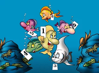 Photo sur Plexiglas Sous-marin Poissons et nombres - Illustration de fond de dessin animé