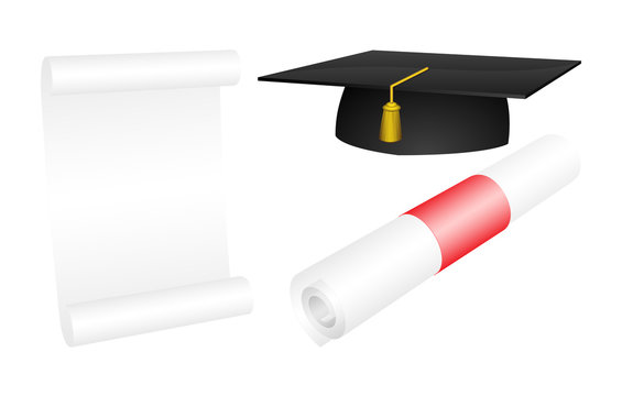 Vector mortarboard with a rolled and opened diploma