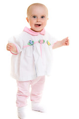 Baby in dress on a white background.