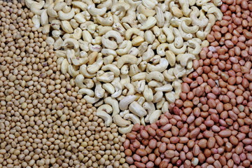 Cashew nuts,peanuts and soy beans