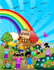 Peel and stick wall murals Birds, bees Bambini a Scuola-Children at School-Vector