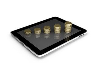 Tablet PC with 10 euro cents coins placed on screen