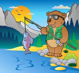 Photo sur Plexiglas Ours Lac avec pêcheur de dessin animé 2