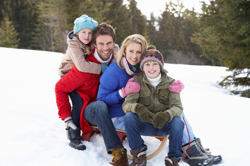 Fototapeta na wymiar Młoda rodzina siedzi na sanki w śniegu
