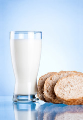 Glass of milk and Three Bread Slices on blue background