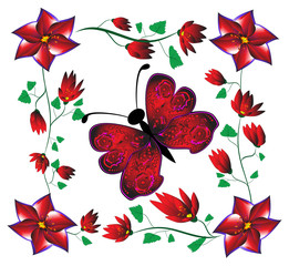 abstract butterfly in a frame of red flowers.