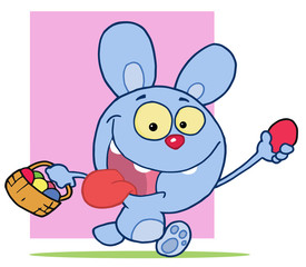 Blue Bunny Rabbit Running And Holding Up An Egg