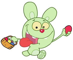 Green Bunny Running And Holding Up An Egg And Carrying A Basket