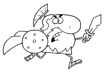 Outlined Brave Gladiator Knight Running With A Shield And Sword