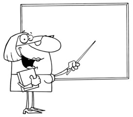 Outlined Female Teacher Pointing To A Blank Chalkboard
