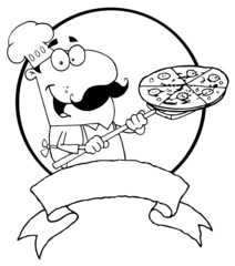 Fototapeta premium Outlined Male Pizzeria Chef Holding A Pizza