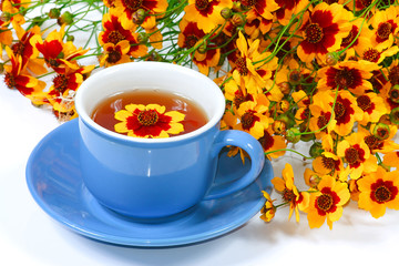 The blue cup of tea with nice flowers